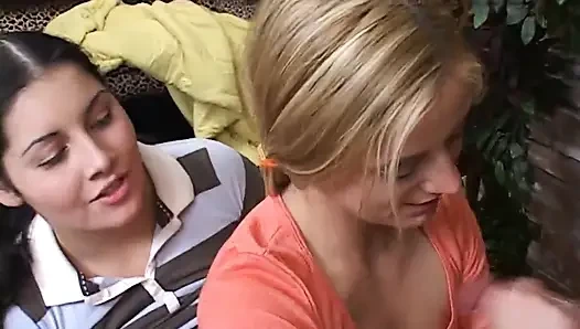 Brunette and Blonde MILFs Share Sloppy Cock Sucking
