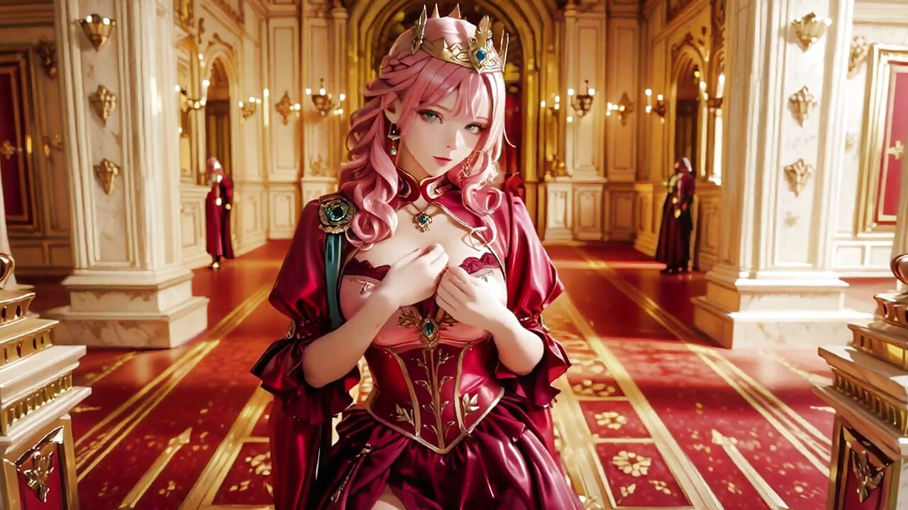 The Pink Queen's Coronation! Deep red silk, golden goblet, and a lazy gaze from the throne. Pure fantasy.