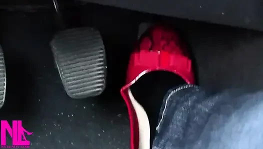 Pedal Pumping and Relaxing My Hosed Feet in Red Pattent Flats
