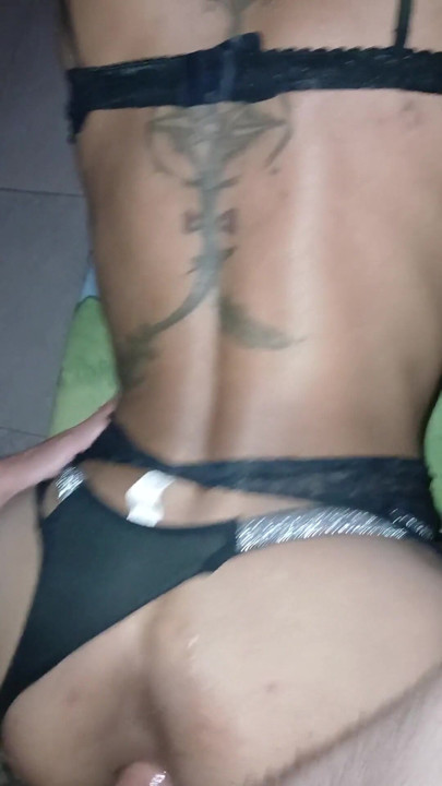 Femboy gets fucked in black lingerie deep throat | Clip 1