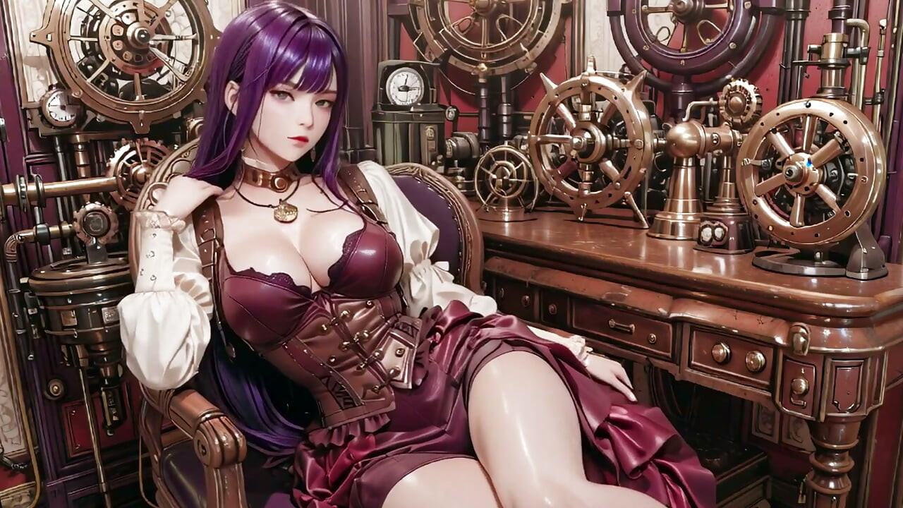 증기 환상 속의 보랏빛 머리! 거대한 기어들에 둘러싸여, 그녀는 나른하게 무릎을 꿇고 있다.