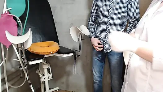 A nurse with big breasts allows a patient to cum