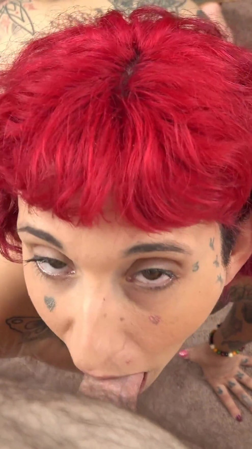 Tattooed hottie Gia Lovely gives a blowjob during her porn interview