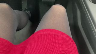 Crossdresser in pantyhose in underground car park & driving