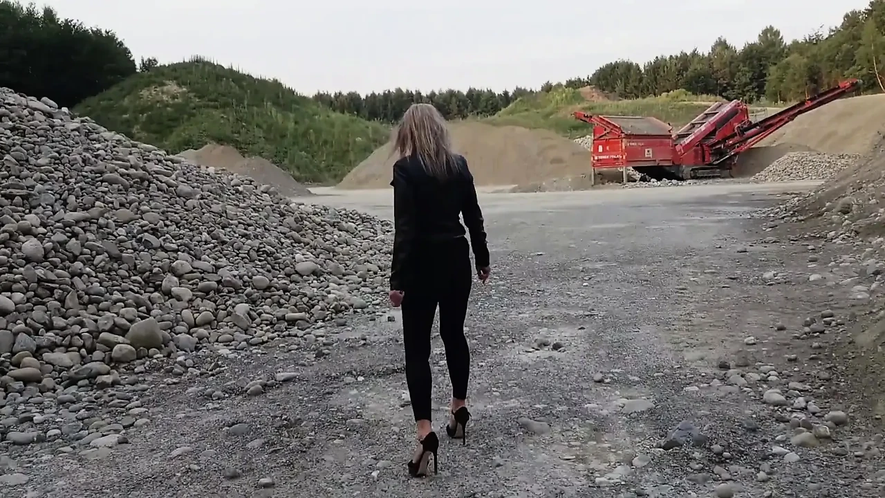 Grandma Is Walking Around a Gravel Pit in Tight Leggings and High Heels!