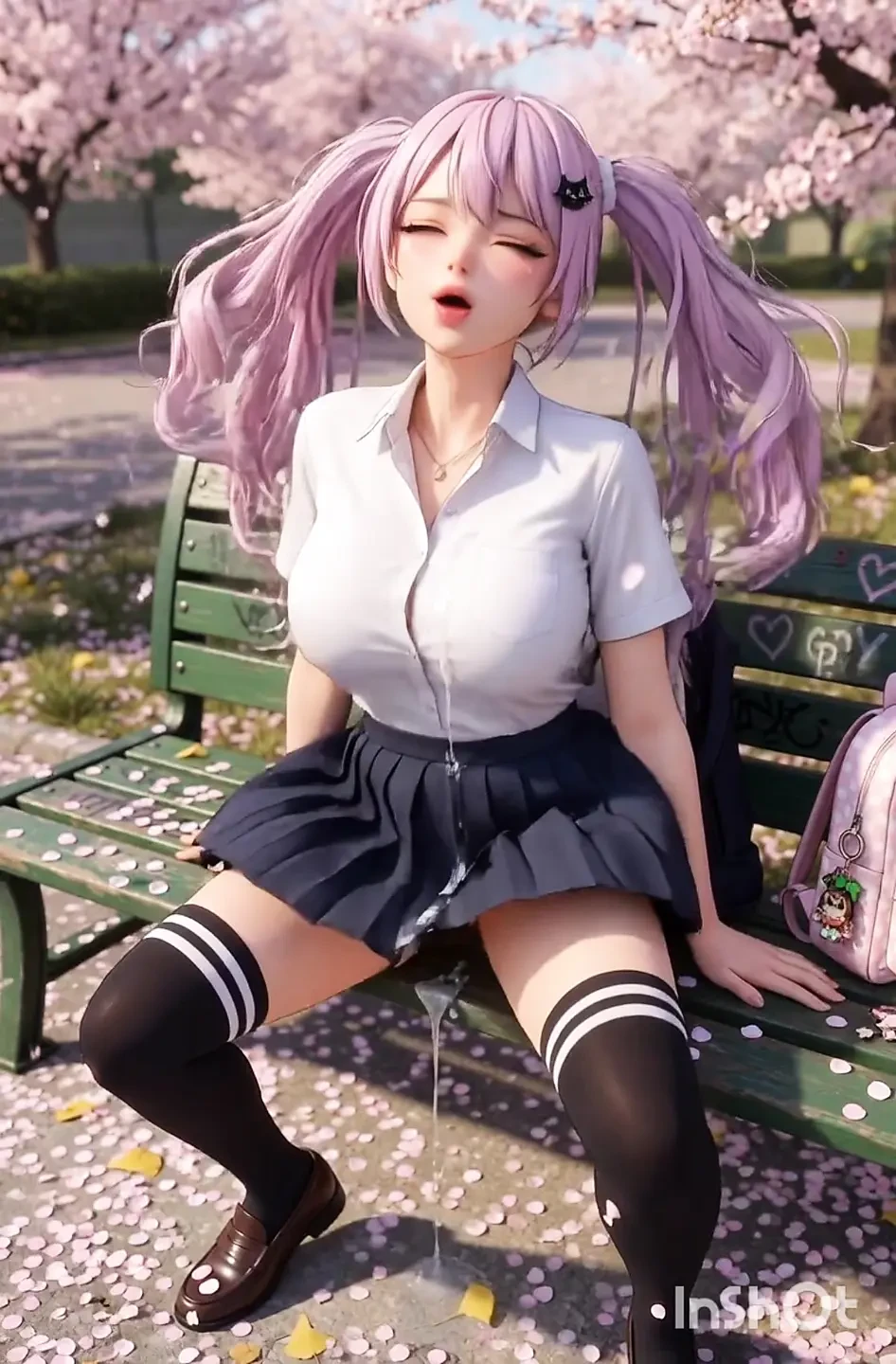 Pink hairy hentai schoolgirl cosplay masturbates and fucks outdoors on park bench
