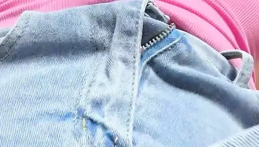 Young Blonde Flashes Wet Pussy Under Denim Skirt and Dances Link in bio.