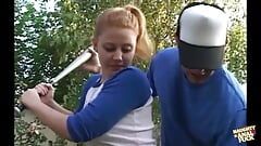 To help make up for injuring him the sporty girls give him a double blowjob