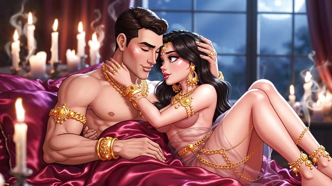 Heta tecknade par romantisk natt passion sammanställning - guldsmycke sensuell animerad kärlek