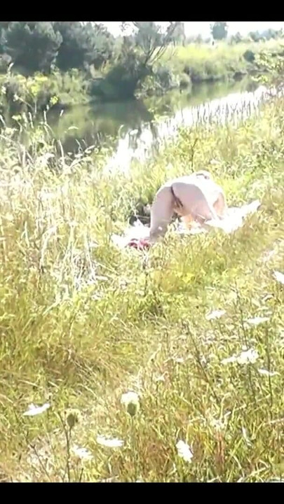 Wild beach Random guy passing by saw naked woman sexy mature Milf sunbathing on river bank Doggystyle Doggy style Butt Ass Pussy | Clip 1