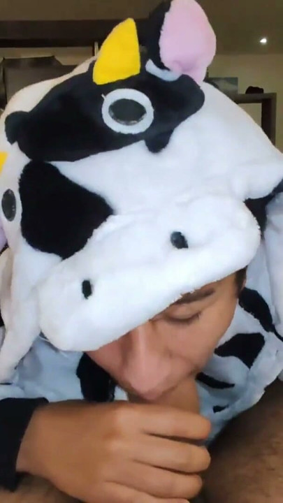 Dreichwe in a cow pijama sucking and riding my big uncut cock until he earns my hot milk | Clip 1