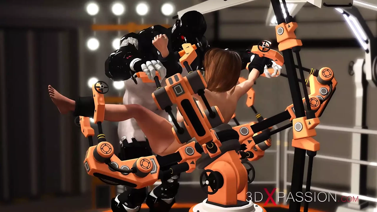 Fuck Machine & Crazy Sex. Male Android Plays with a Horny Girl in Restraints
