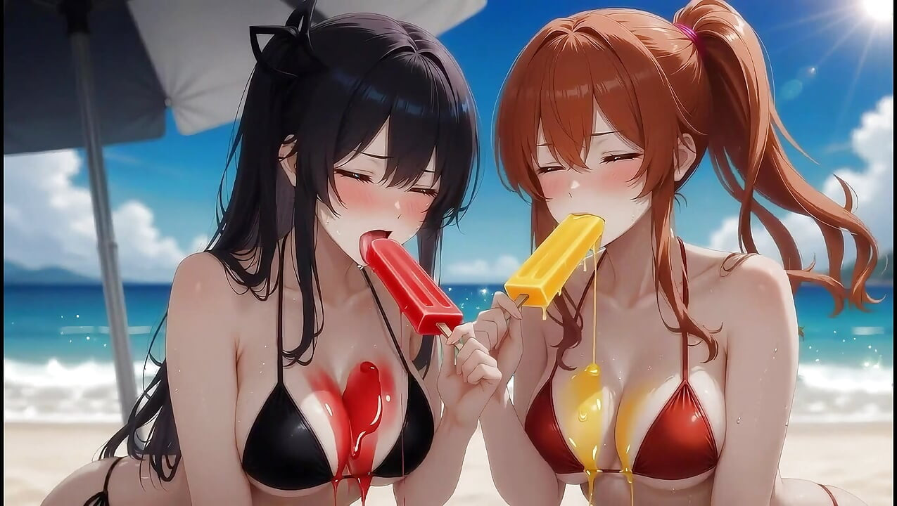 AI gótikus szépség találkozik a vörös hajú szépséggel - tengerparti crossover (jégkrémek evése)