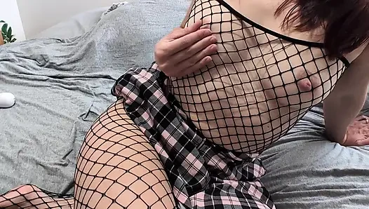 redhead wife in fishnets masturbating with dildo