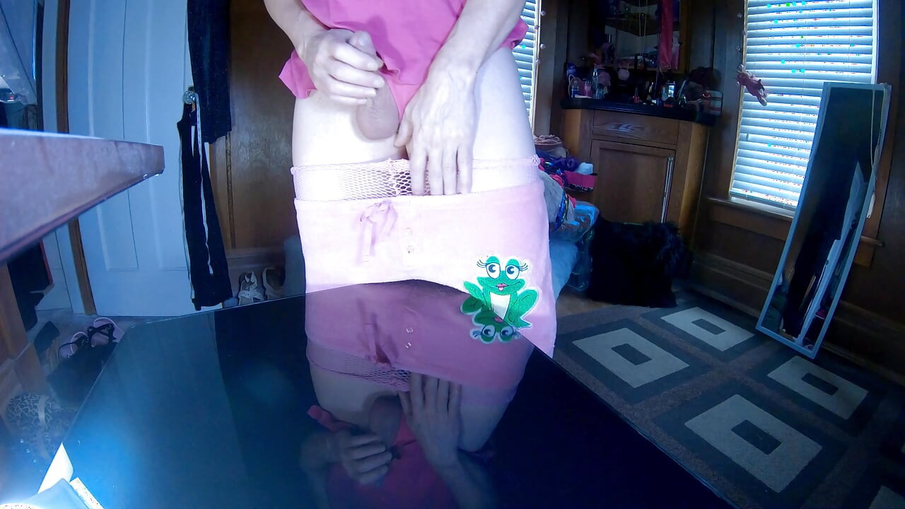 Sissy in Pink Fishnets Sprays Her Cumload All Over Her Dressing Table