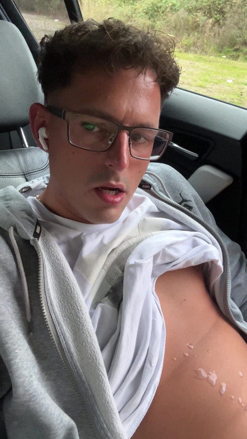 Really cute twink boy jerks off his stinky cheese-smeared penis outside in the car until he cums | Clip 1