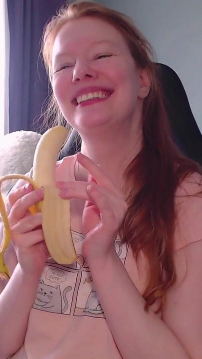 Key moment from "It's time for a sweet snack! This banana looks soooo much like your dick! Look how greedily I suck it!"