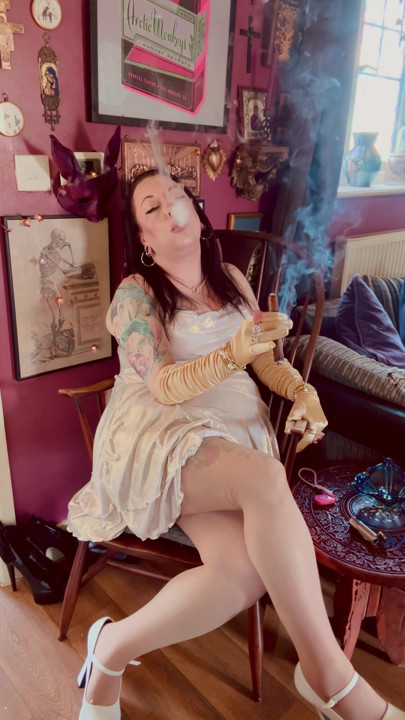 Cigar Smoking Tina Snua In Gold Satin Gloves & Rings - Smoker Smokes OME Drifting Smoke | Clip 1