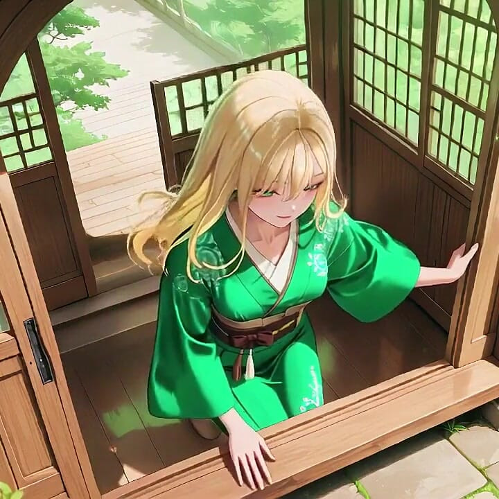 Green Kimono Fantasy in the Bedroom! Sunlight Hits Her Bare Legs as She Kneels and Teases Herself