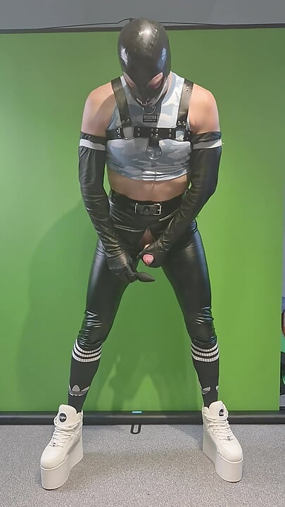 Rave outfit, Buffalo tower shoes, harness, leggings, latex gloves and mask. Inserting butt plug using precum