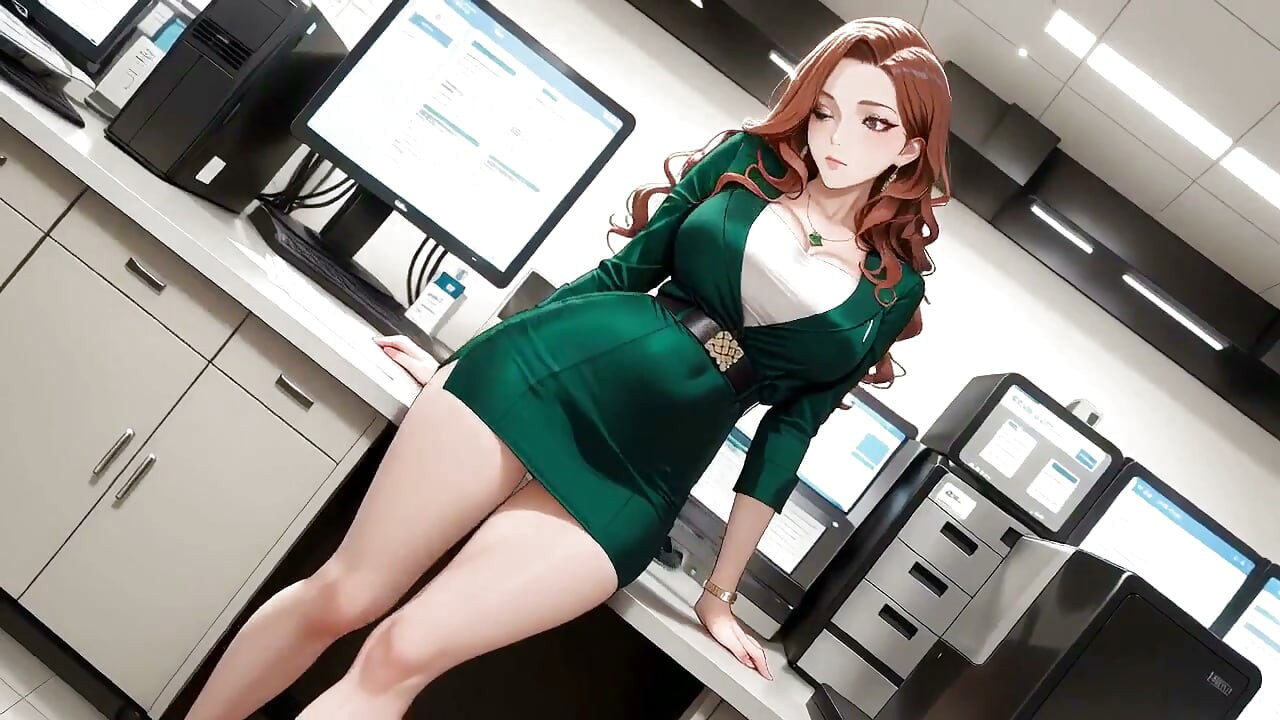 Bộ đồ màu xanh lá cây & tóc đỏ! Thư ký văn phòng lười biếng. Nghiêng người, trêu chọc và đôi mắt ướt át đó... Ai có thể xử lý cô ấy?