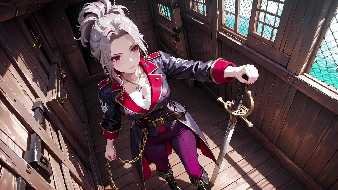 Silver-Haired Pirate Queen! Sun-drenched ship cabin, navy uniform slightly damp, kneeling with a teasing gaze.