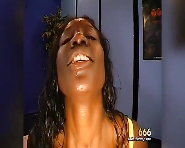 Black Slut Takes Piss and Cum From Multiple Cocks in Her Mouth