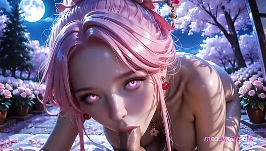 Silk-wrapped beauty arches under cherry petals while her big tits bounce in wild pleasure