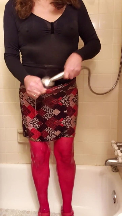 Powerful moment from "Cd, outdoors pantyhose puddle play and shower off dressed up after."