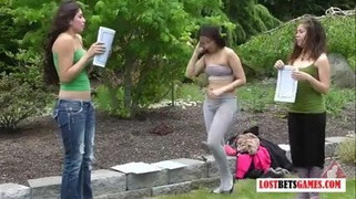 Three girls play strip highest card wins