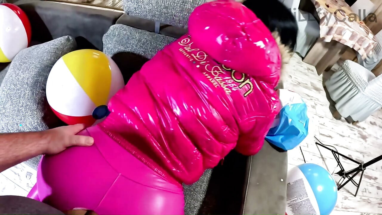 Glossy Pink Downjacket MILF Beach Ball Fetish. Deepthroat, Doggy and Triple Cum