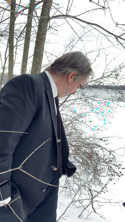 Sexy daddy in suit public jerk off and cum by river in winter