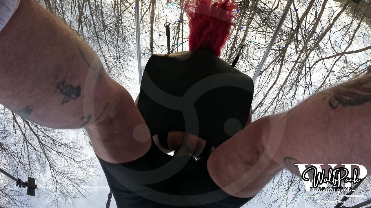 Redhead Transexual Slut Fucked Bareback and Creampied in Public in Sex Sling