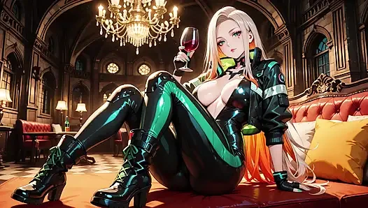 Neon Rain Night! Blonde Agent in Wet Leather Crouching Low, Holographic Glow & Cold Glances.