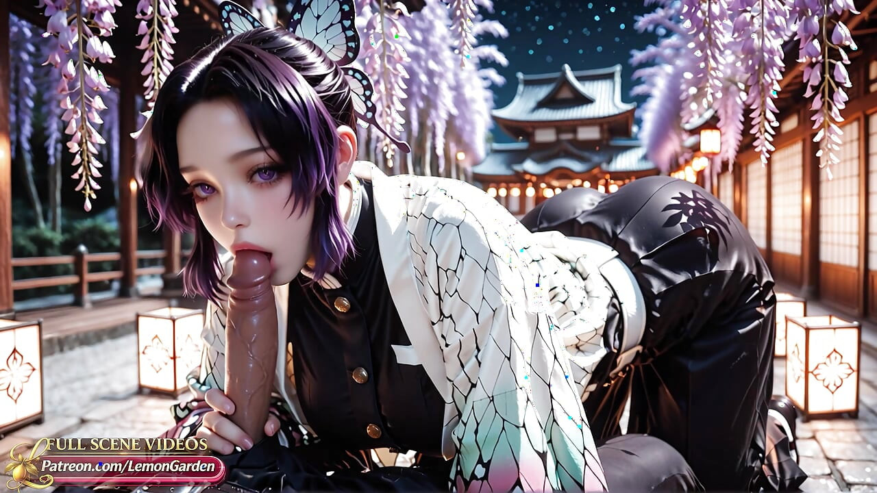Shinobu Kocho fucks in a night garden with blooming wisteria. 3d Hentai Ai generated anime porn