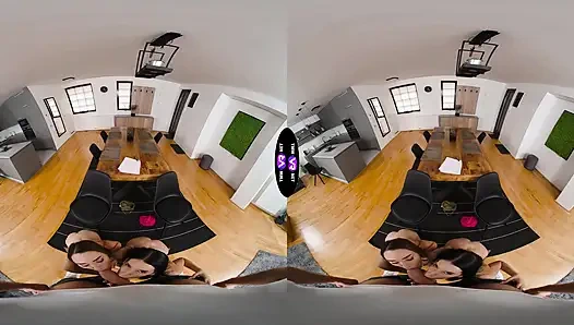 Две возбужденные шлюшки глупо трахают его после того, как он шпионит за ними - Tmwvrnet