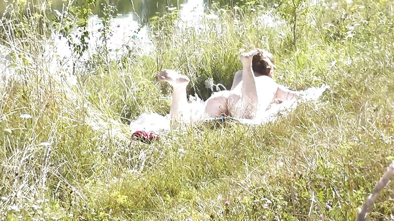 Wild beach Random guy passing by saw naked woman sexy mature Milf sunbathing on river bank Doggystyle Doggy style Butt Ass Pussy