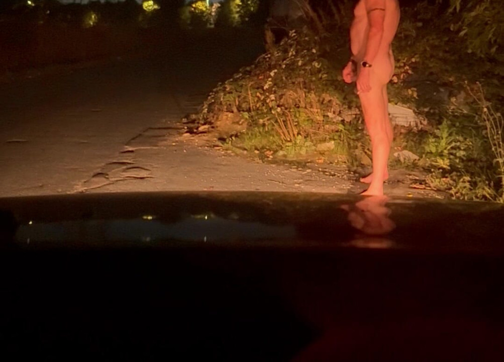 Wanking off naked at side of road