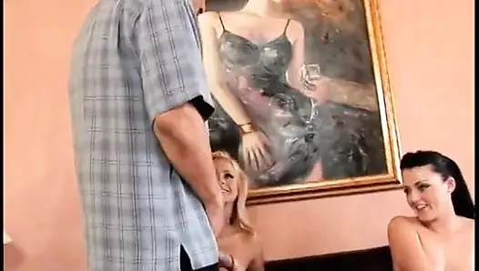Two sexy babes their pussy is wet and ready to share old dude on the sofa