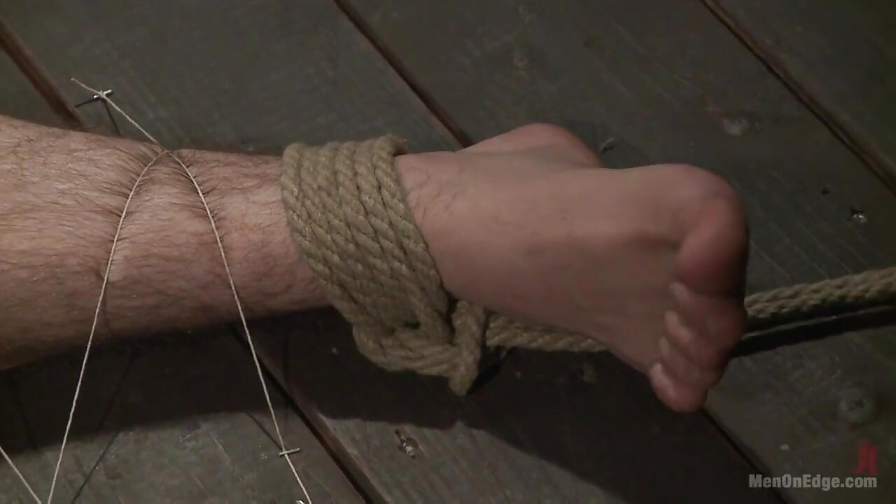 Suspended in a Center Split, Helpless Uncut Stud Blows a Huge Load!