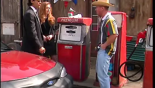 Cowboy dungaree fucks a rich man's sexy wife with great tits at gas station