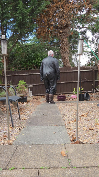 Leather Overalls in the Garden