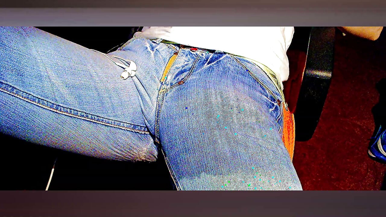 E-Stim pee and cum in old blue Jeans