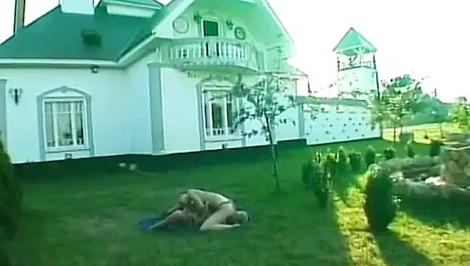 Bald lesbian and her slut fucking in the open