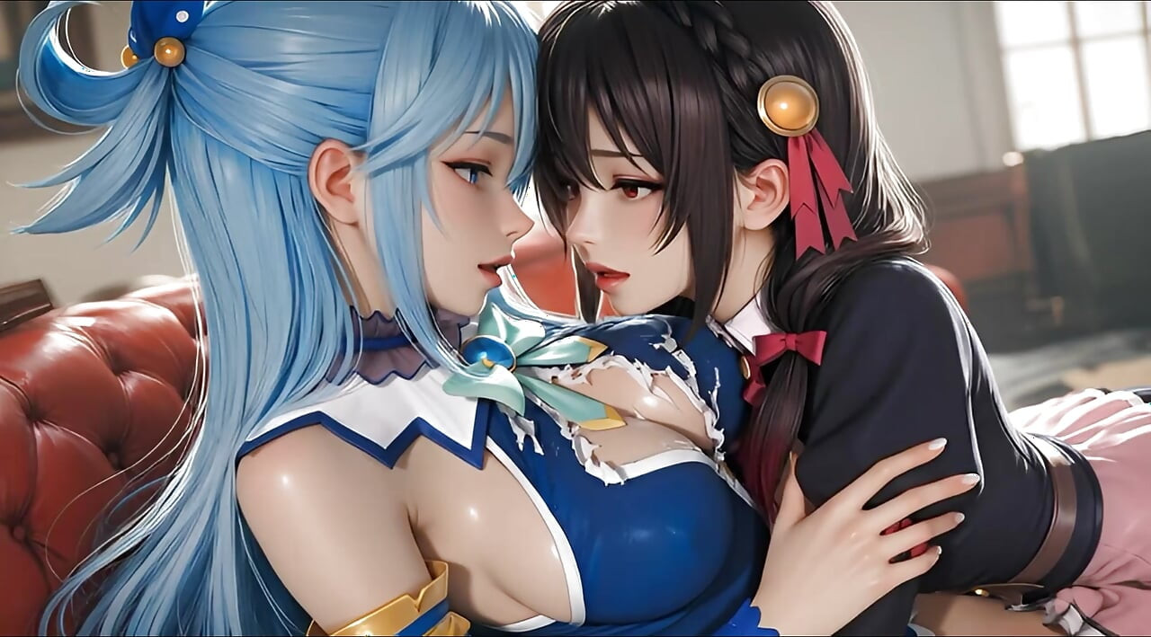 Konosuba soft show'dan sfw aqua ve yunyun lezbiyene dokunuyor ve öpüşüyor