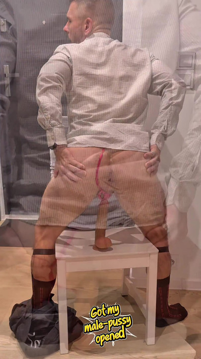 Sissy Gentleman in Tie Wears a Pink Lingerie and Plays with His Male-pussy