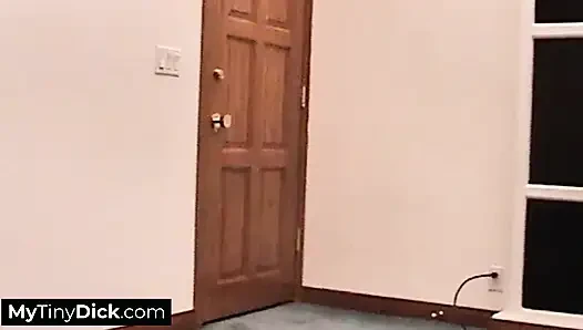 A hot brunette sucking off his pathetic small cock