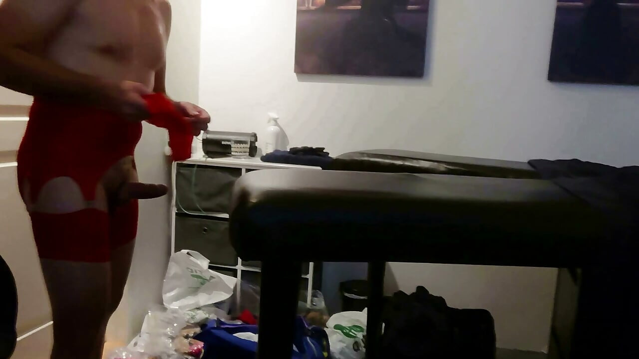 Exposing my body and cock in naughty sheer red nylon
