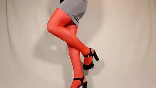 Tiny Mini Skirt and silky red pantyhose - Crossdresser having fun