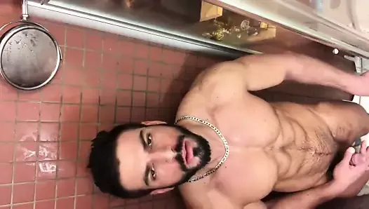 Muscle hunk solo showering